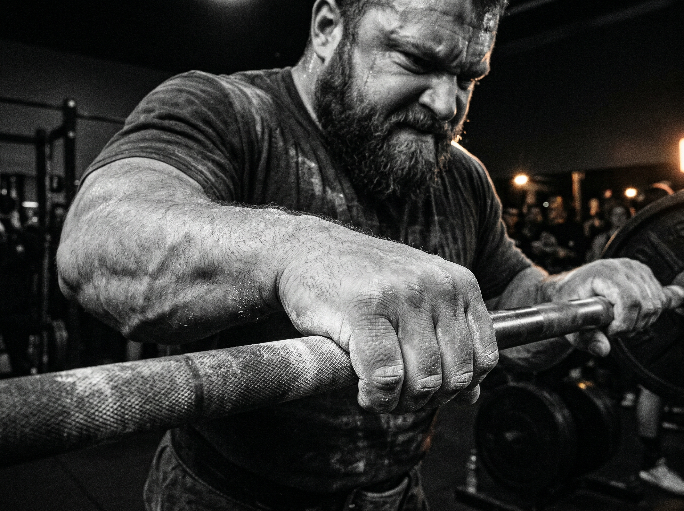 Powerlifter gripping barbell with chalk-covered hands