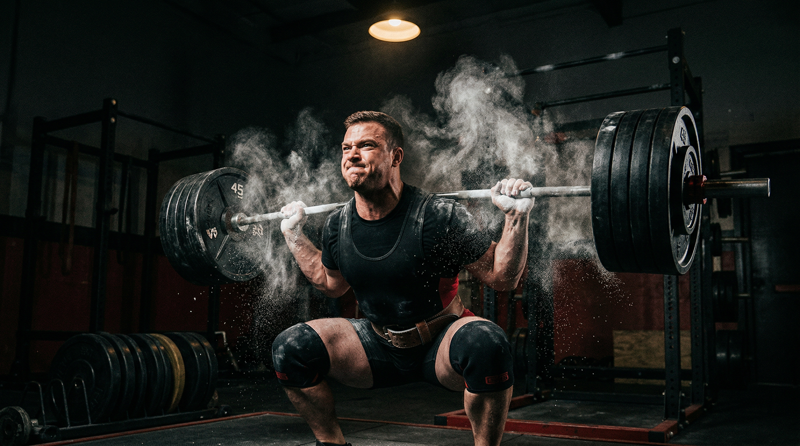Powerlifter in intense squat with chalk dust